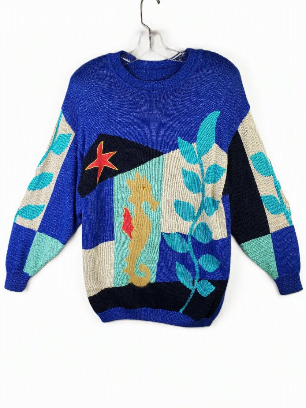 Vintage Nannell 80s Sweater Seahorse Print Colorblock Art-to-Wear Beaded sz M/L